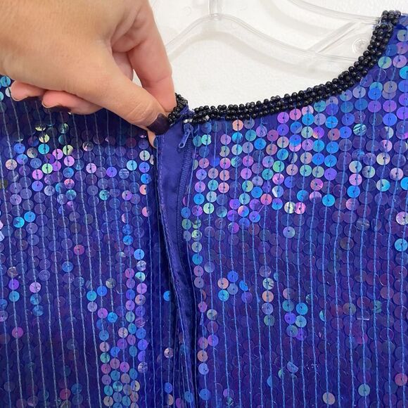 Vintage Stenay Silk Sequin Top V-Neck Short Sleeve Blue Small 80s - Picture 7 of 8